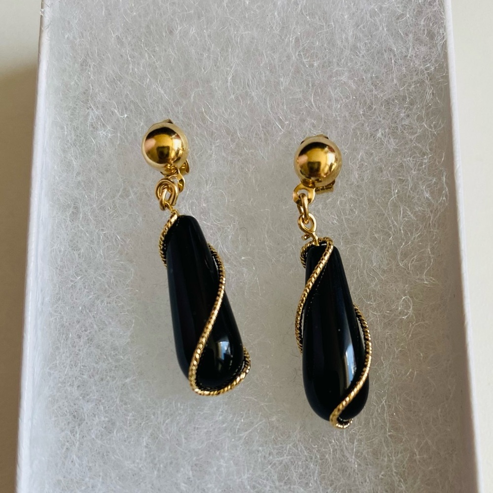 14K Yellow Gold 1” Onyx Dangle Gold Wire Twist Drop Earrings Vintage Unique - Picture 5 of 8